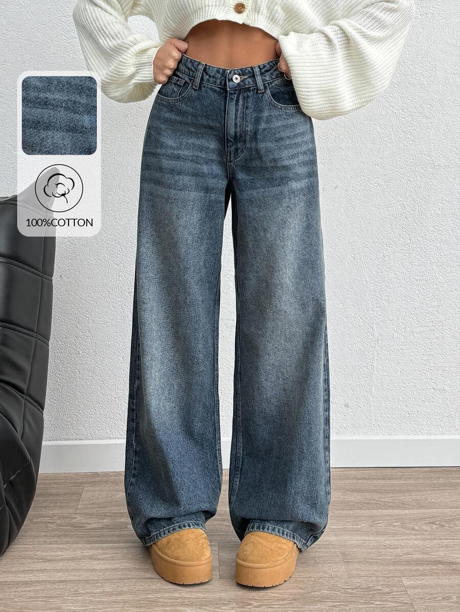 SHEIN Plus High Waist Casual Style Medium Blue Wash Regular Fit Button Front Wwideleg Jean Formal Evening Winter - Medium Wash - View 1