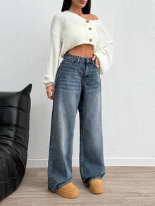 SHEIN Plus High Waist Casual Style Medium Blue Wash Regular Fit Button Front Wwideleg Jean Formal Evening Winter - Medium Wash - View 5
