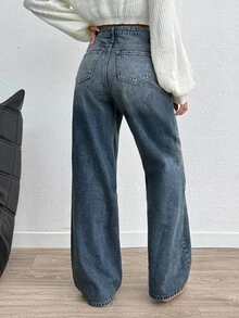 SHEIN Plus High Waist Casual Style Medium Blue Wash Regular Fit Button Front Wwideleg Jean Formal Evening Winter - Medium Wash - View 2