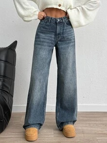SHEIN Plus High Waist Casual Style Medium Blue Wash Regular Fit Button Front Wwideleg Jean Formal Evening Winter - Medium Wash - View 4