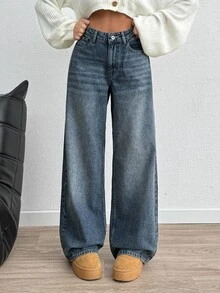 SHEIN Plus High Waist Casual Style Medium Blue Wash Regular Fit Button Front Wwideleg Jean Formal Evening Winter - Medium Wash - View 7