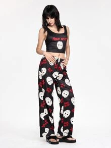 Friday the 13th X ROMWE Horror Movie Tank Top & Long Pants Casual Women's Pajama Set - Black - View 15