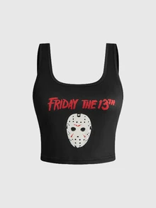 Friday the 13th X ROMWE Horror Movie Tank Top & Long Pants Casual Women's Pajama Set - Black - View 12