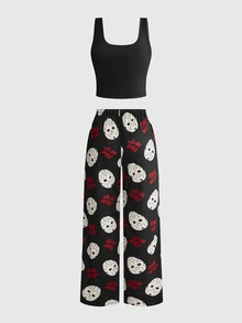 Friday the 13th X ROMWE Horror Movie Tank Top & Long Pants Casual Women's Pajama Set - Black - View 9