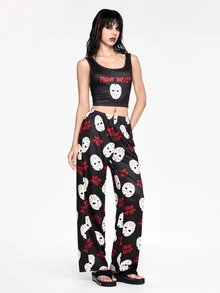Friday the 13th X ROMWE Horror Movie Tank Top & Long Pants Casual Women's Pajama Set - Black - View 5