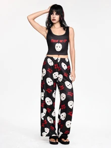 Friday the 13th X ROMWE Horror Movie Tank Top & Long Pants Casual Women's Pajama Set - Black - View 14