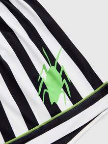Beetlejuice X ROMWE Letter Stripe Colorblock Single-Breasted Short Sleeve Top And Shorts Pajama Set - Black - View 5