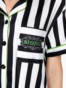 Beetlejuice X ROMWE Letter Stripe Colorblock Single-Breasted Short Sleeve Top And Shorts Pajama Set - Black - View 2
