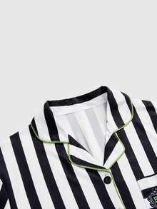 Beetlejuice X ROMWE Letter Stripe Colorblock Single-Breasted Short Sleeve Top And Shorts Pajama Set - Black - View 6