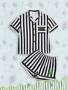 Beetlejuice X ROMWE Letter Stripe Colorblock Single-Breasted Short Sleeve Top And Shorts Pajama Set - Black - View 1