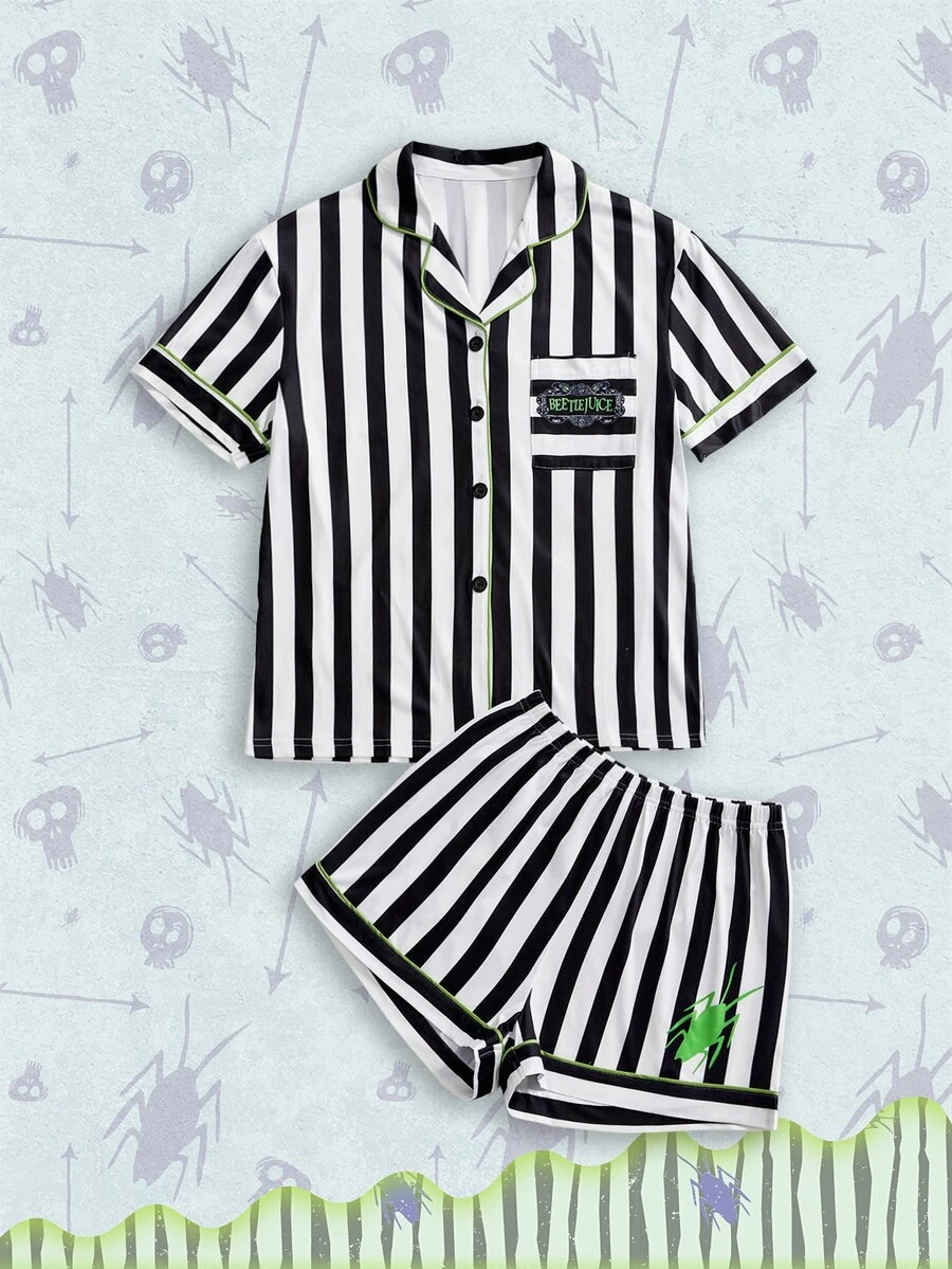 Beetlejuice X ROMWE Letter Stripe Colorblock Single-Breasted Short Sleeve Top And Shorts Pajama Set - Black - View 1