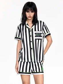 Beetlejuice X ROMWE Letter Stripe Colorblock Single-Breasted Short Sleeve Top And Shorts Pajama Set - Black - View 7