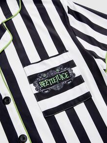 Beetlejuice X ROMWE Letter Stripe Colorblock Single-Breasted Short Sleeve Top And Shorts Pajama Set - Black - View 8