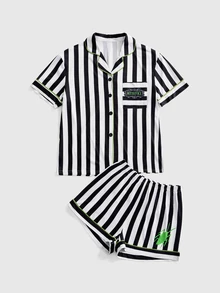 Beetlejuice X ROMWE Letter Stripe Colorblock Single-Breasted Short Sleeve Top And Shorts Pajama Set - Black - View 13