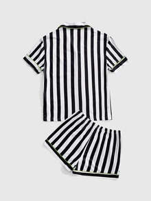 Beetlejuice X ROMWE Letter Stripe Colorblock Single-Breasted Short Sleeve Top And Shorts Pajama Set - Black - View 11