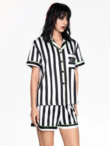 Beetlejuice X ROMWE Letter Stripe Colorblock Single-Breasted Short Sleeve Top And Shorts Pajama Set - Black - View 10