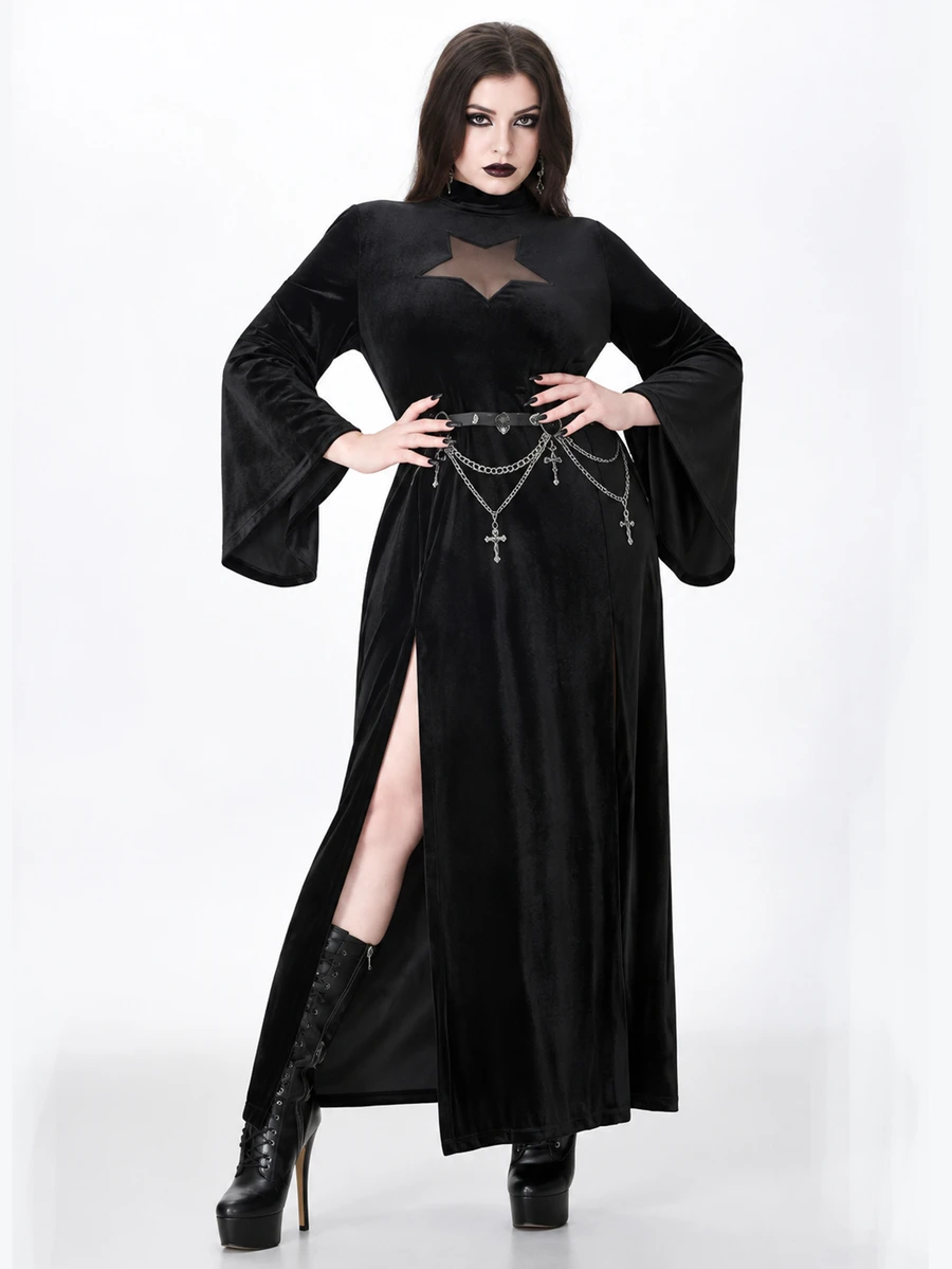 ROMWE Goth 暗黑女巫風大尺碼女款洋裝,透視星星胸部設計,喇叭袖,萬聖節派對長款哥德風禮服 - 黑色 - 查看 1