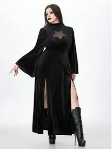 ROMWE Dark Witch Style Plus Size Women's Dress, Sheer Star Chest Design, Bell Sleeves, Halloween Party Long Gothic Gown - Black - View 3