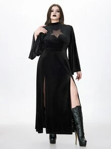 ROMWE Dark Witch Style Plus Size Women's Dress, Sheer Star Chest Design, Bell Sleeves, Halloween Party Long Gothic Gown - Black - View 4