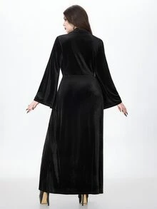 ROMWE Dark Witch Style Plus Size Women's Dress, Sheer Star Chest Design, Bell Sleeves, Halloween Party Long Gothic Gown - Black - View 2