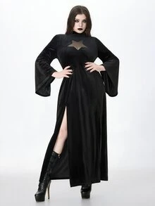 ROMWE Dark Witch Style Plus Size Women's Dress, Sheer Star Chest Design, Bell Sleeves, Halloween Party Long Gothic Gown - Black - View 1