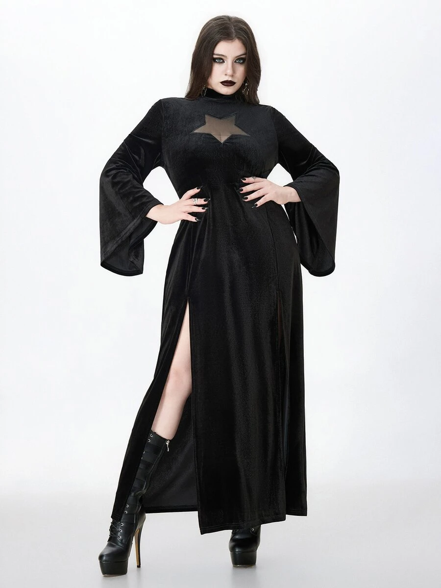 ROMWE Dark Witch Style Plus Size Women's Dress, Sheer Star Chest Design, Bell Sleeves, Halloween Party Long Gothic Gown - Black - View 1