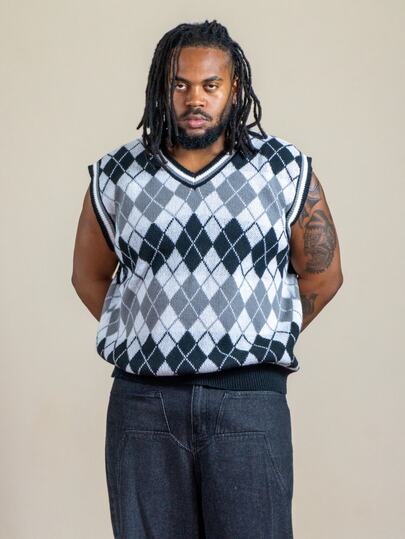 Patrick Jhonnes Patrick Jhonnes Men's Casual Contrast Color Diamond Knit Vest, Geometric Pattern V-Neck Sweater Vest, Winter