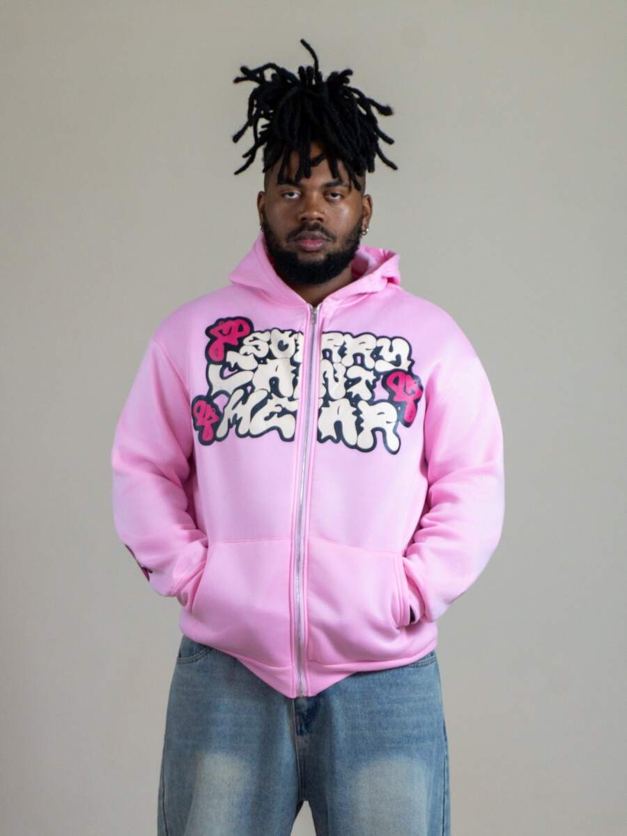 Patrick Jhonnes Patrick Jhonnes Men's Contrast Color Letter Print Zip Up Hooded Sweatshirt, For Autumn, Long Sleeve Top, Y2K Vacation Holiday Pink - Pink - View 1