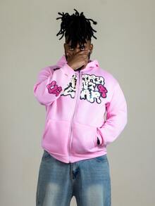 Patrick Jhonnes Patrick Jhonnes Men's Contrast Color Letter Print Zip Up Hooded Sweatshirt, For Autumn, Long Sleeve Top, Y2K Vacation Holiday Pink - Pink - View 3