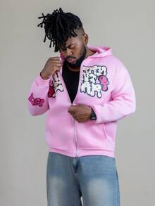 Patrick Jhonnes Patrick Jhonnes Men's Contrast Color Letter Print Zip Up Hooded Sweatshirt, For Autumn, Long Sleeve Top, Y2K Vacation Holiday Pink - Pink - View 6