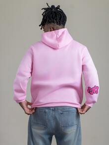 Patrick Jhonnes Patrick Jhonnes Men's Contrast Color Letter Print Zip Up Hooded Sweatshirt, For Autumn, Long Sleeve Top, Y2K Vacation Holiday Pink - Pink - View 2