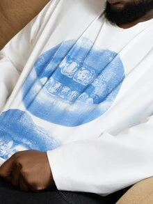 Patrick Jhonnes Patrick Jhonnes Kaos Lengan Panjang Box Cut Loose Distressed Blue Street Lip Gem Teeth Print Putih, Cocok Untuk Musim Semi/Panas, Hadiah Lucu Untuk Pacar/Diri Sendiri - Putih - View 5