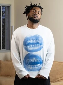 Patrick Jhonnes Patrick Jhonnes Kaos Lengan Panjang Box Cut Loose Distressed Blue Street Lip Gem Teeth Print Putih, Cocok Untuk Musim Semi/Panas, Hadiah Lucu Untuk Pacar/Diri Sendiri - Putih - View 4