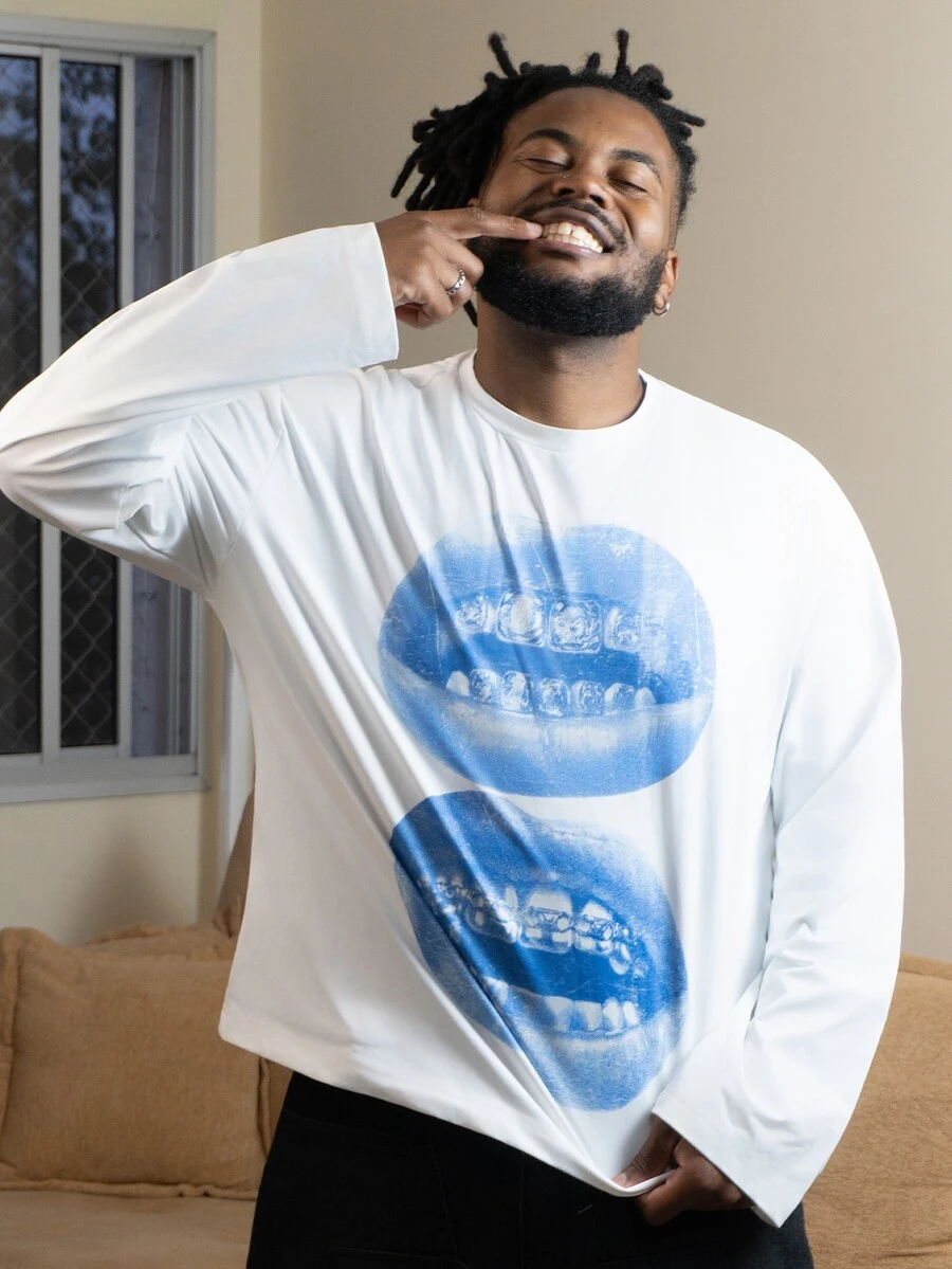 Patrick Jhonnes Patrick Jhonnes Kaos Lengan Panjang Box Cut Loose Distressed Blue Street Lip Gem Teeth Print Putih, Cocok Untuk Musim Semi/Panas, Hadiah Lucu Untuk Pacar/Diri Sendiri - Putih - View 1