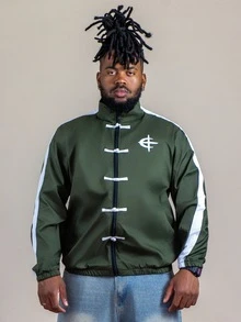 Patrick Jhonnes Patrick Jhonnes Men's Contrast Graphic Print Zip-Up Stand Collar Long Sleeve Jacket Football - Army Green - View 4