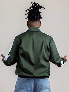 Patrick Jhonnes Patrick Jhonnes Men's Contrast Graphic Print Zip-Up Stand Collar Long Sleeve Jacket Football - Army Green - View 2
