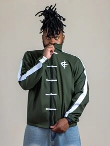 Patrick Jhonnes Patrick Jhonnes Men's Contrast Graphic Print Zip-Up Stand Collar Long Sleeve Jacket Football - Army Green - View 1