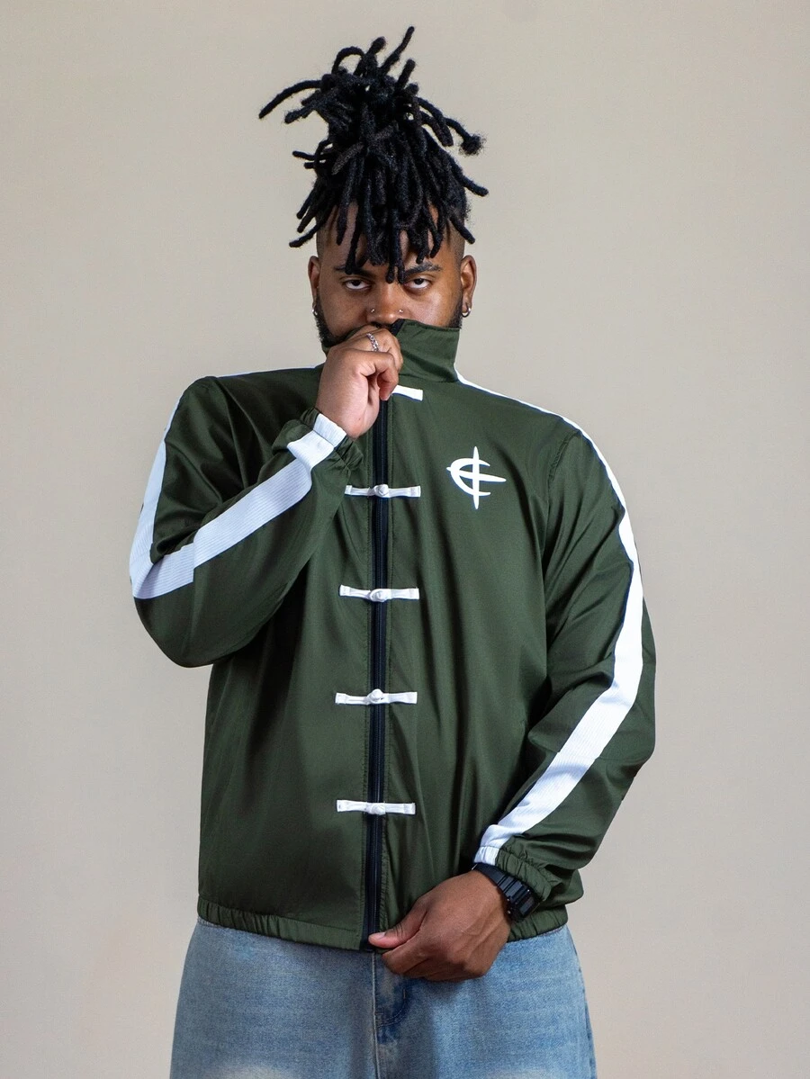 Patrick Jhonnes Patrick Jhonnes Men's Contrast Graphic Print Zip-Up Stand Collar Long Sleeve Jacket Football - Army Green - View 1