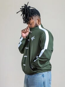 Patrick Jhonnes Patrick Jhonnes Men's Contrast Graphic Print Zip-Up Stand Collar Long Sleeve Jacket Football - Army Green - View 3