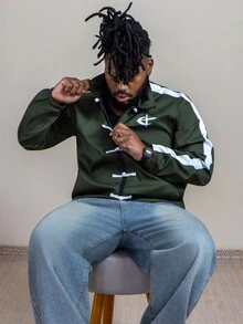 Patrick Jhonnes Patrick Jhonnes Men's Contrast Graphic Print Zip-Up Stand Collar Long Sleeve Jacket Football - Army Green - View 5