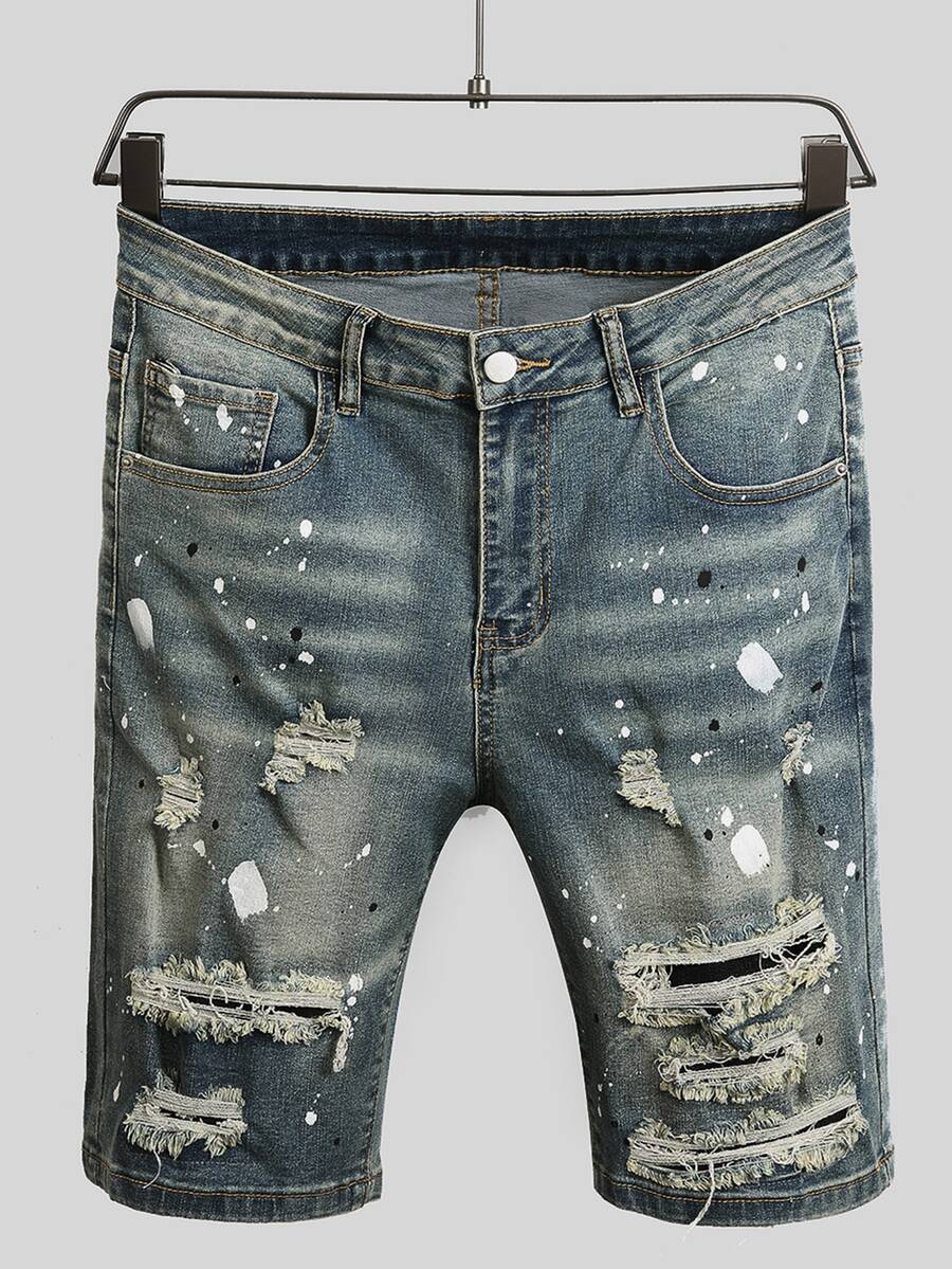 Manfinity EMRG Men's Casual Distressed Denim Shorts With Pockets - Light Wash - View 1