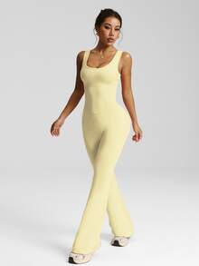 Sovereign Charm Women's Sleeveless Jumpsuit With Flared Legs, High Waist U-Neck U-Back Design, Suitable For Casual Sporty Athletic Gym Yoga Running Summer Pale Yellow - Yellow - View 5