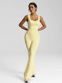 Sovereign Charm Women's Sleeveless Jumpsuit With Flared Legs, High Waist U-Neck U-Back Design, Suitable For Casual Sporty Athletic Gym Yoga Running Summer Pale Yellow - Yellow - View 3