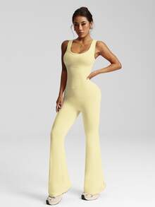 Sovereign Charm Women's Sleeveless Jumpsuit With Flared Legs, High Waist U-Neck U-Back Design, Suitable For Casual Sporty Athletic Gym Yoga Running Summer Pale Yellow - Yellow - View 4