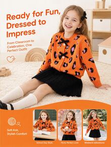 Setelan Sweater & Rok Rajut Kasual Motif Leopard Musim Gugur/Dingin untuk Anak Perempuan - MultiWarna - View 1