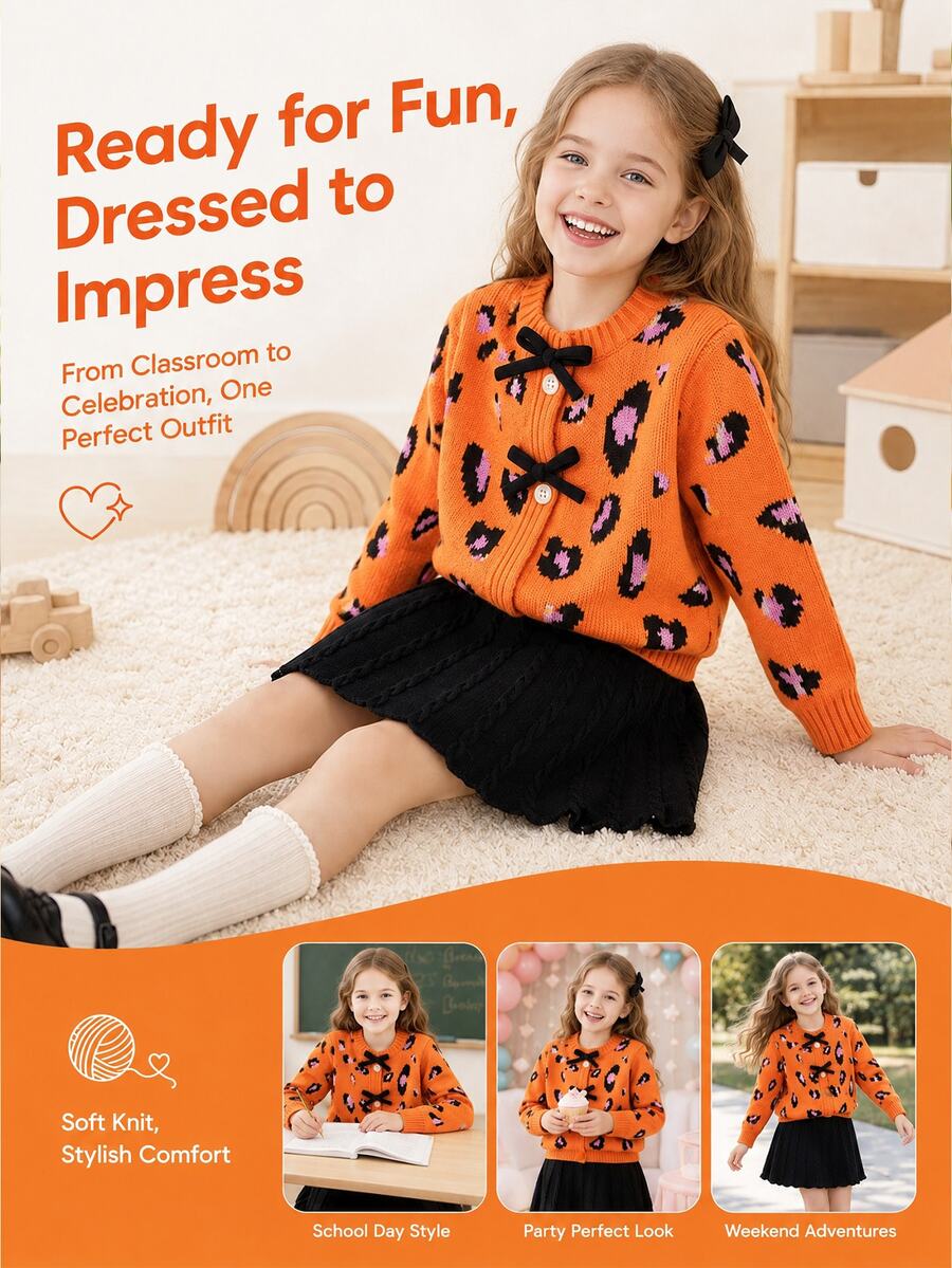 Setelan Sweater & Rok Rajut Kasual Motif Leopard Musim Gugur/Dingin untuk Anak Perempuan - MultiWarna - View 1