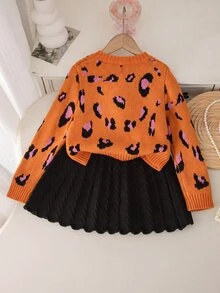 Setelan Sweater & Rok Rajut Kasual Motif Leopard Musim Gugur/Dingin untuk Anak Perempuan - MultiWarna - View 2