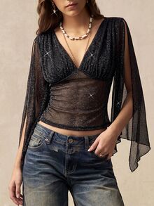 Bohemela Women's V-Neck Pleated Slim Fit Versatile Casual T-Shirt - Black - View 3