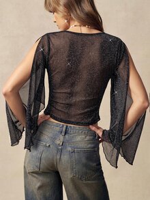 Bohemela Women's V-Neck Pleated Slim Fit Versatile Casual T-Shirt - Black - View 1
