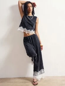 Bohemela Women's Colorblock Lace Patchwork Tank Top & Long Pants 2 Pieces Set - Black - View 2